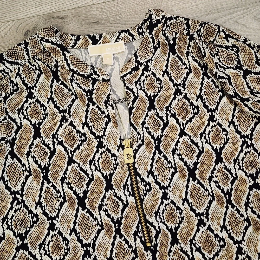 Michael Kors Top Womens XL Snake V Neck 1/2‎ Zip Front Roll Tab Stretch Tunic